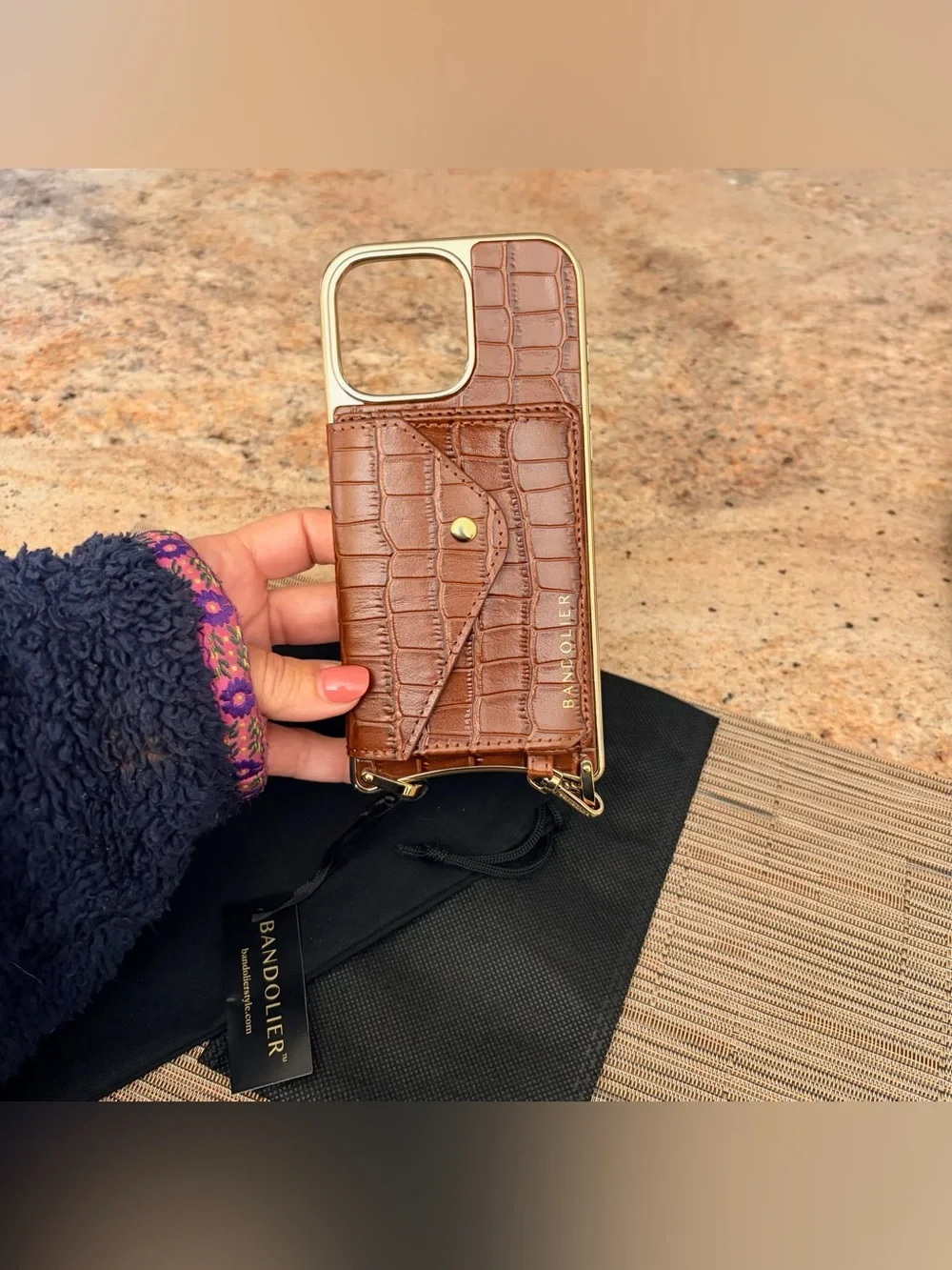 Bandolier Brown Croc Leather Crossbody Phone Case Set with Card Holder & Strap